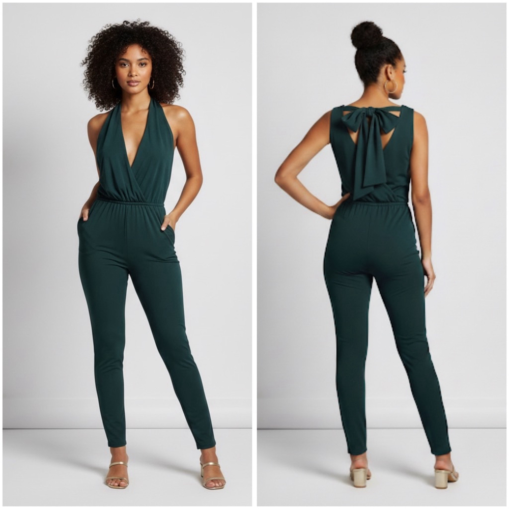 Leith Halter Neck Open Tie Back Jumpsuit with Pockets Women’s Size M Dark Green